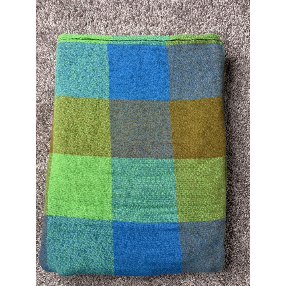 Vintage Sears Yorkshire 70s Woven Bedspread 76x96 Blue Green Plaid MCM Full